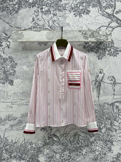 GUCC25SS Striped Saddle Button Pattern Lapel Shirt