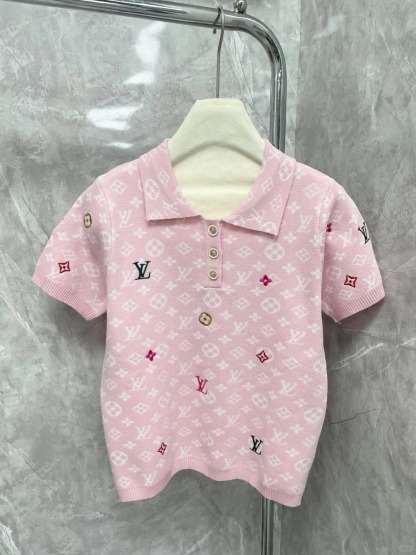 Louis Vuit25SS Embroidered Embossed Textured Lapel T-Shirt