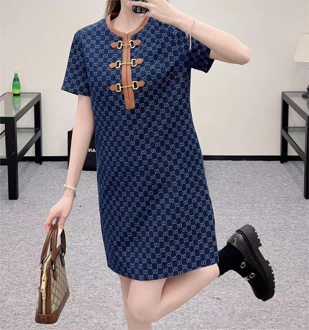 GUCC25SS Classic Double G Old Flower Round Neck Dress