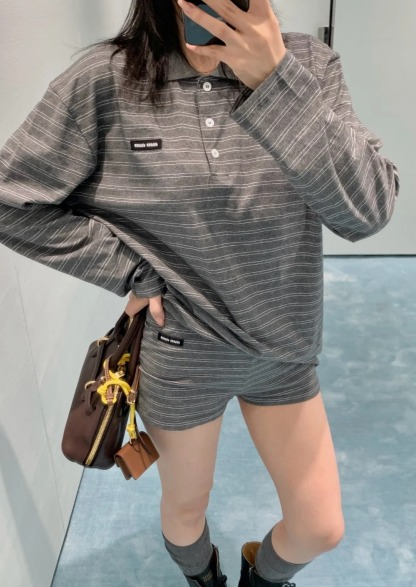 MIU25SS Grey Stripe Lapel Long Sleeve T-Shirt