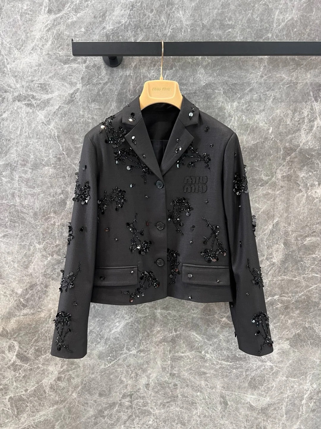 MIU short blazer with handmade shimmering beadwork embroidery