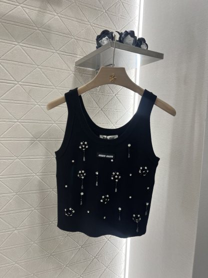 MIU25SS beaded rhinestone knit tank top