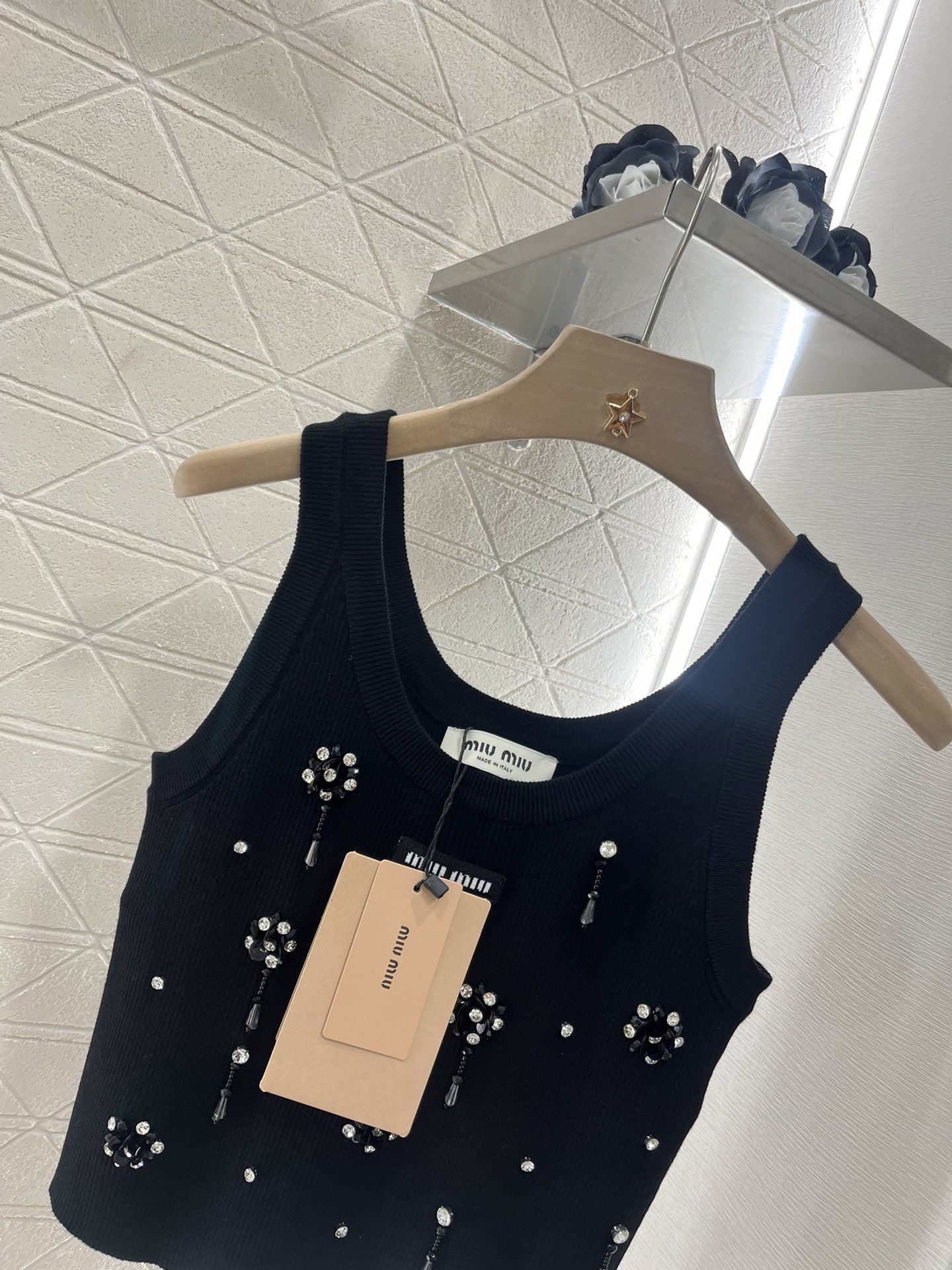 MIU25SS beaded rhinestone knit tank top