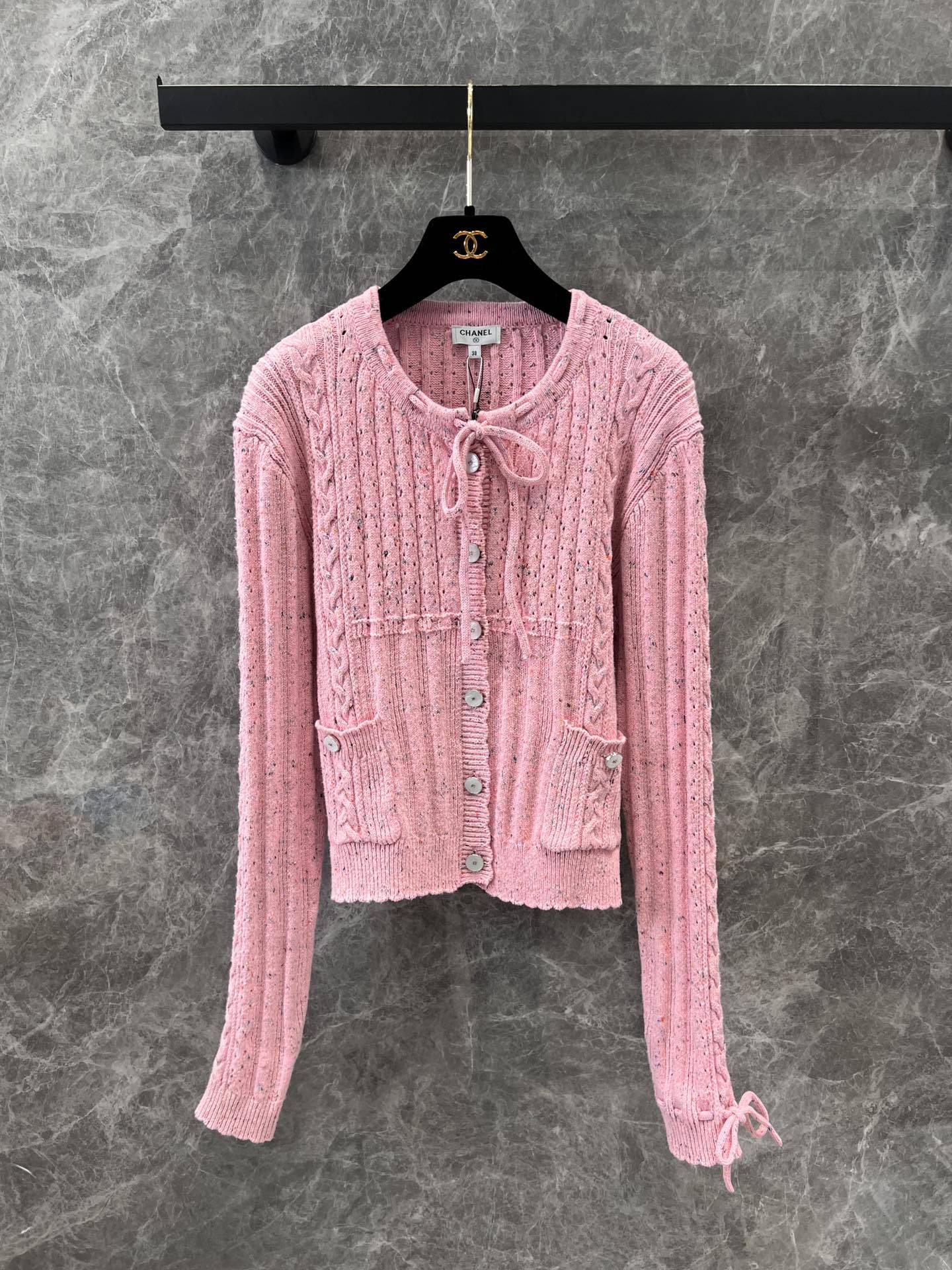 CHANE25SS Crafted Lace-Up Pink Cardigan