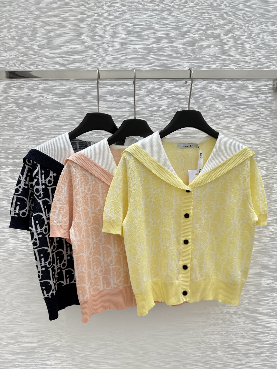 DIO25SS Navy Neck Lettered Jacquard Knit Short Sleeve