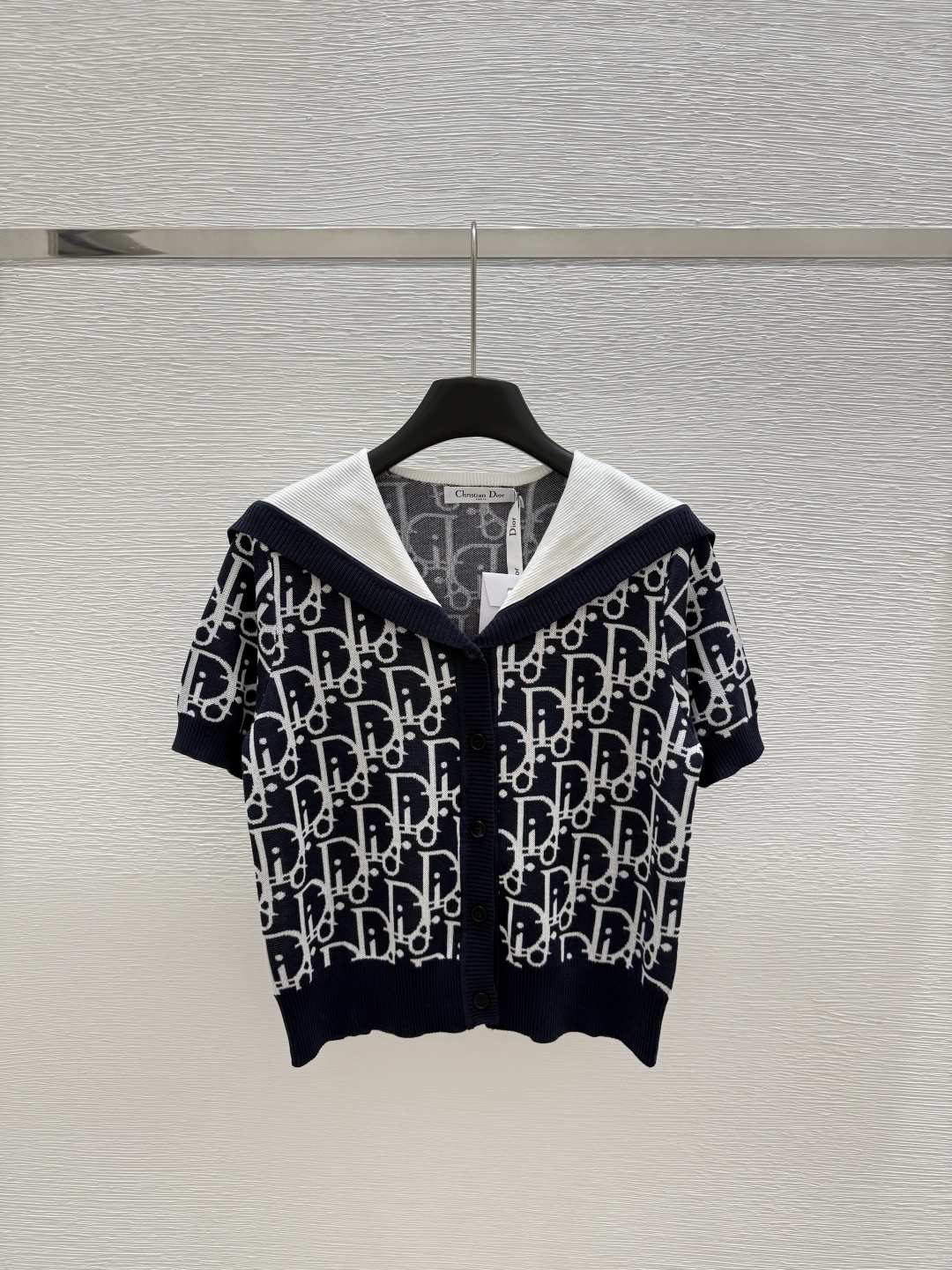 DIO25SS Navy Neck Lettered Jacquard Knit Short Sleeve