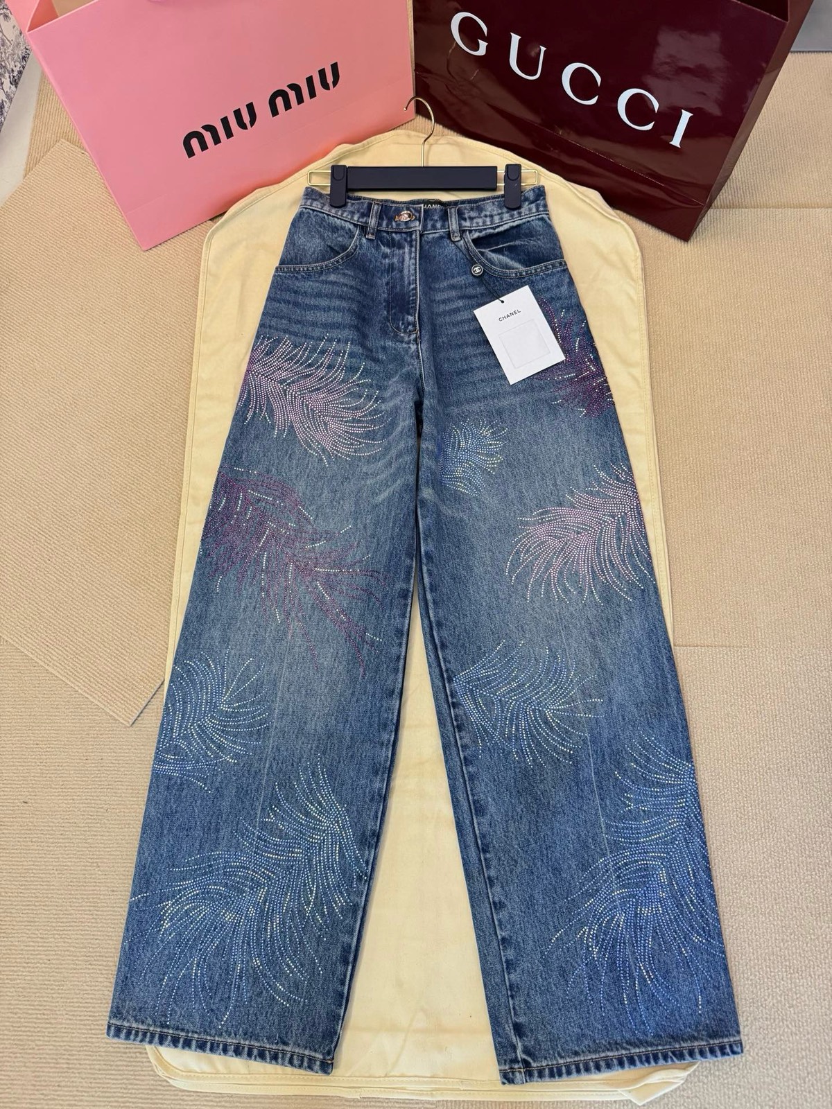 CHANE rhinestone feather jeans
