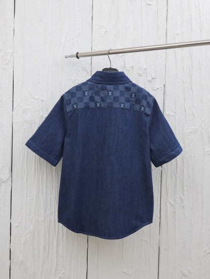 1V Color blocked checkered denim short sleeved shirt