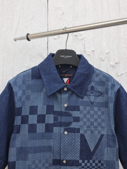 1V Color blocked checkered denim short sleeved shirt