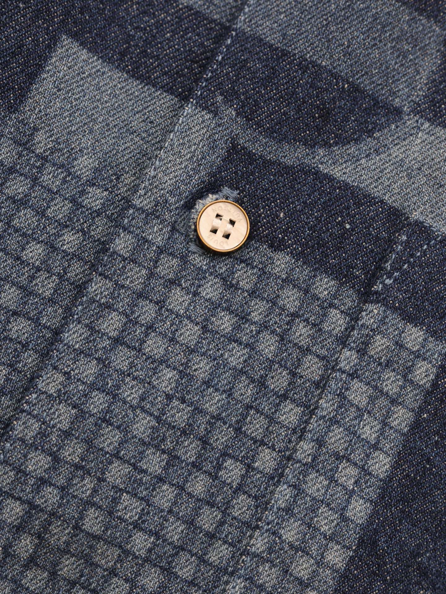 1V Color blocked checkered denim short sleeved shirt