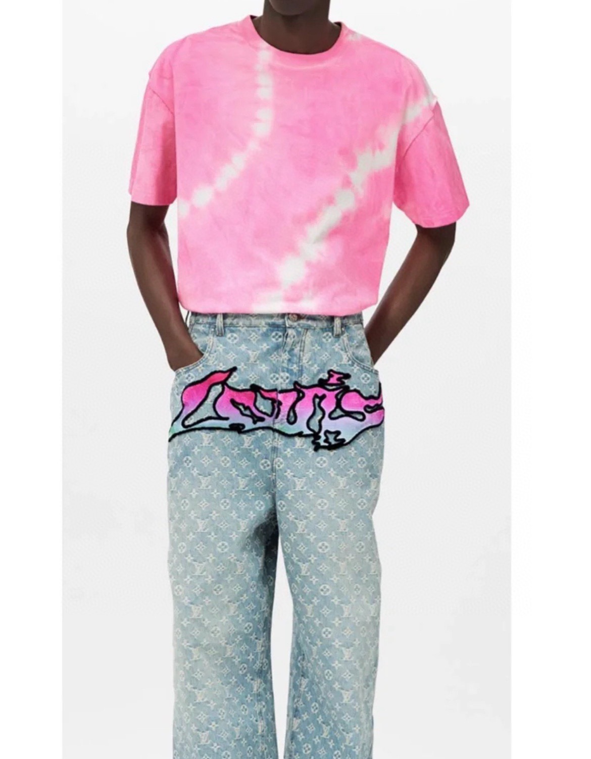 1V Printed denim pants