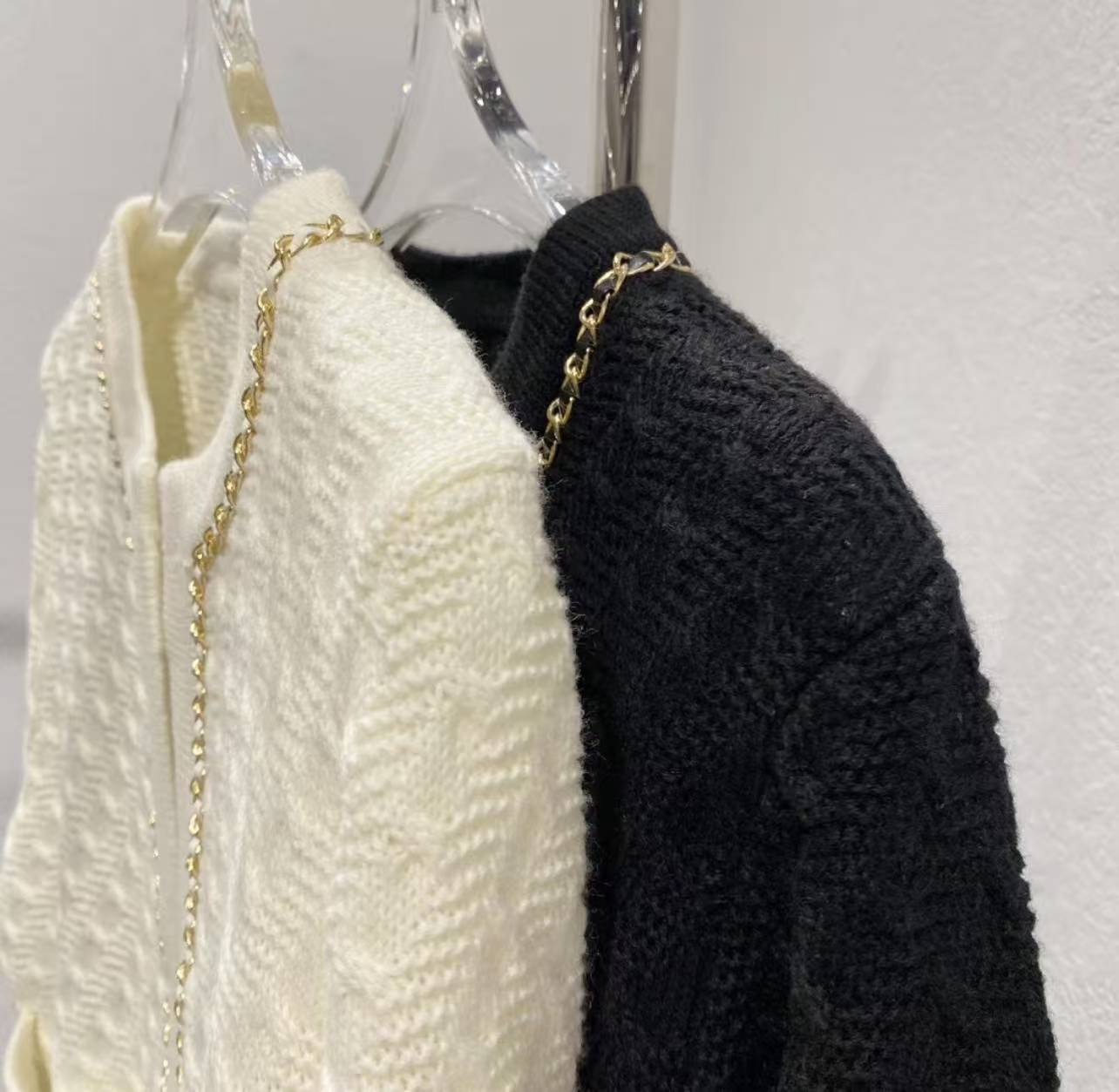 CC Black gold leather chain knitted cardigan