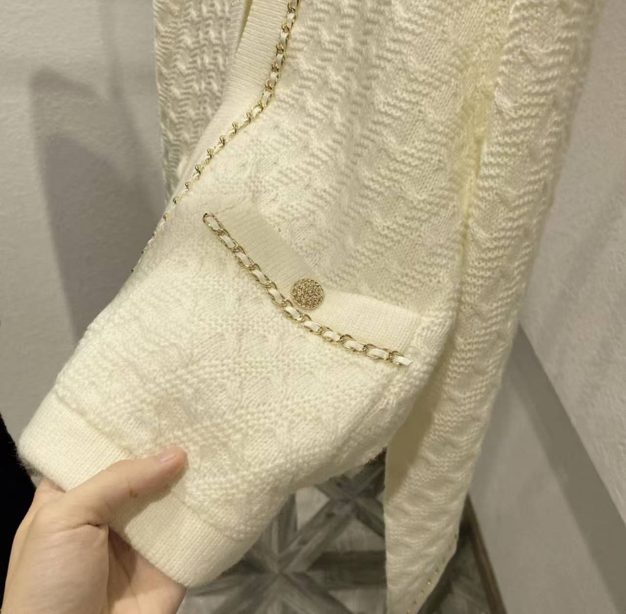 CC Black gold leather chain knitted cardigan