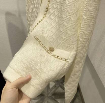 CC Black gold leather chain knitted cardigan