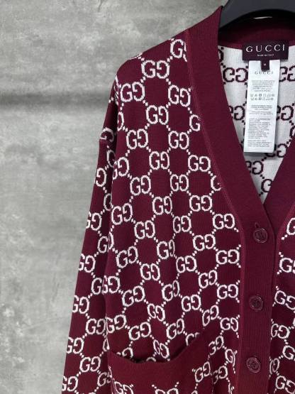 GG 25SS Wine red full printed logo knitted cardigan