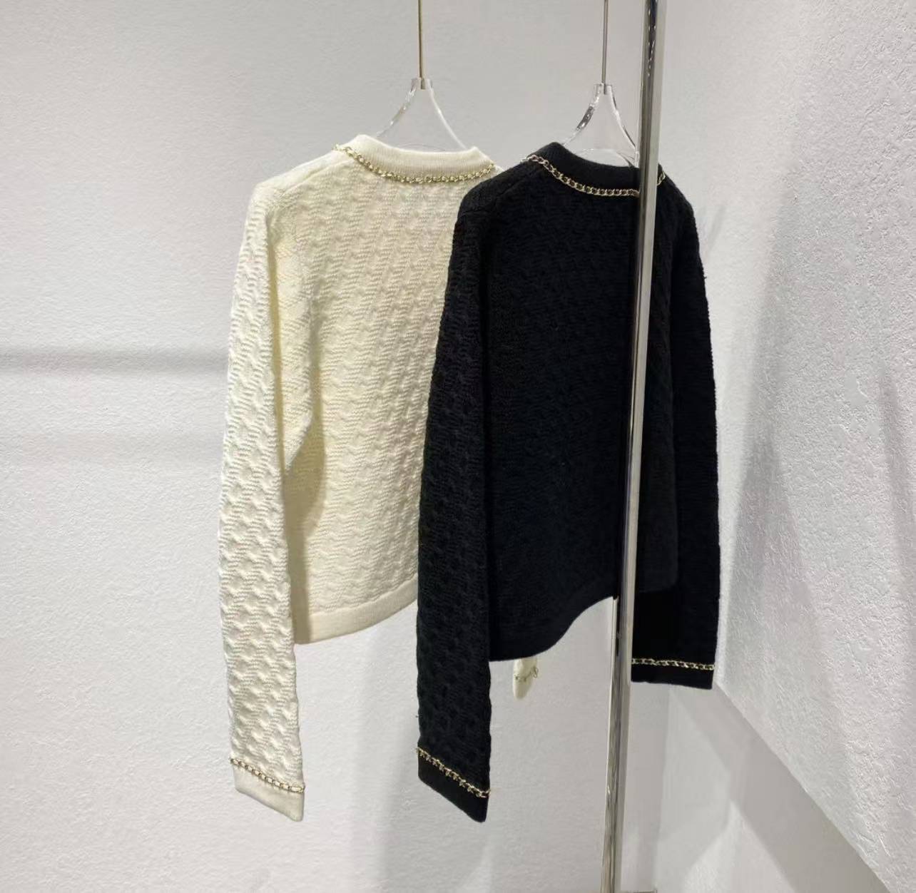 CC Black gold leather chain knitted cardigan