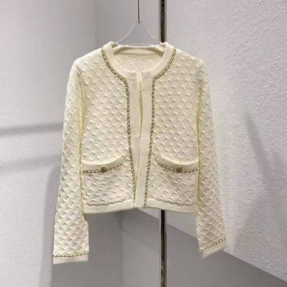 CC Black gold leather chain knitted cardigan