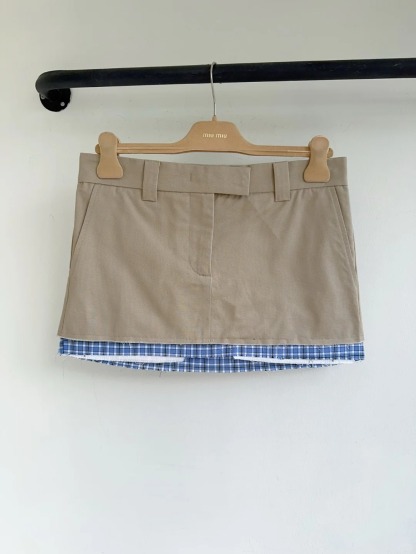 MIU25SS Plaid Patchwork Embroidered Letter Half Skirt