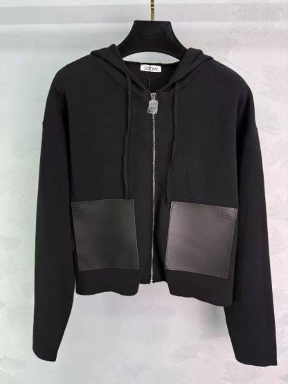 LEW 25SS Patch-Pocket Hooded Zipper-Front Knit Long-Sleeve Cardigan