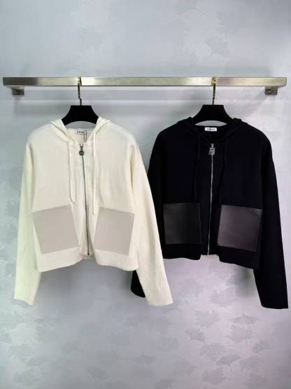 LEW 25SS Patch-Pocket Hooded Zipper-Front Knit Long-Sleeve Cardigan