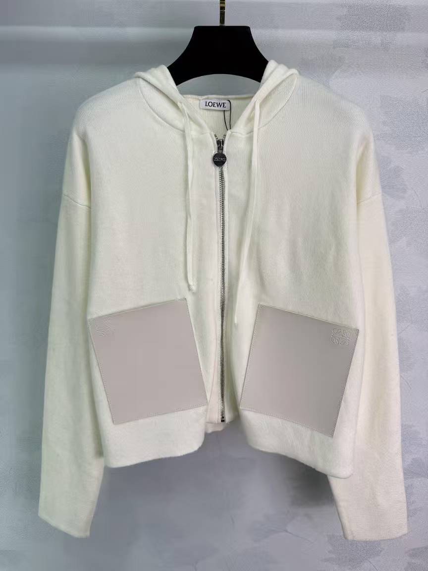 LEW 25SS Patch-Pocket Hooded Zipper-Front Knit Long-Sleeve Cardigan