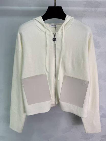 LEW 25SS Patch-Pocket Hooded Zipper-Front Knit Long-Sleeve Cardigan