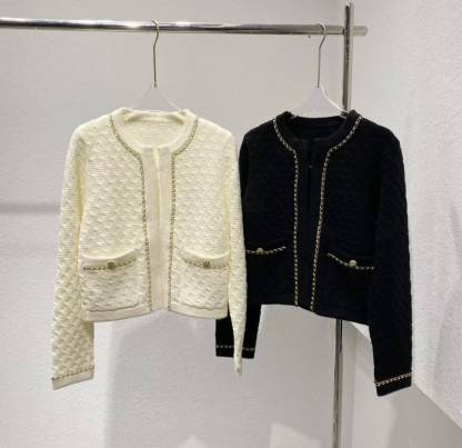 CC Black gold leather chain knitted cardigan