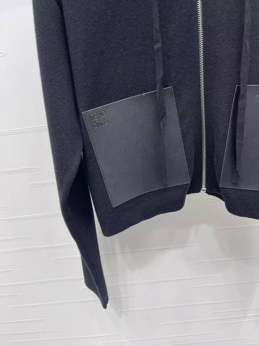 LEW 25SS Patch-Pocket Hooded Zipper-Front Knit Long-Sleeve Cardigan