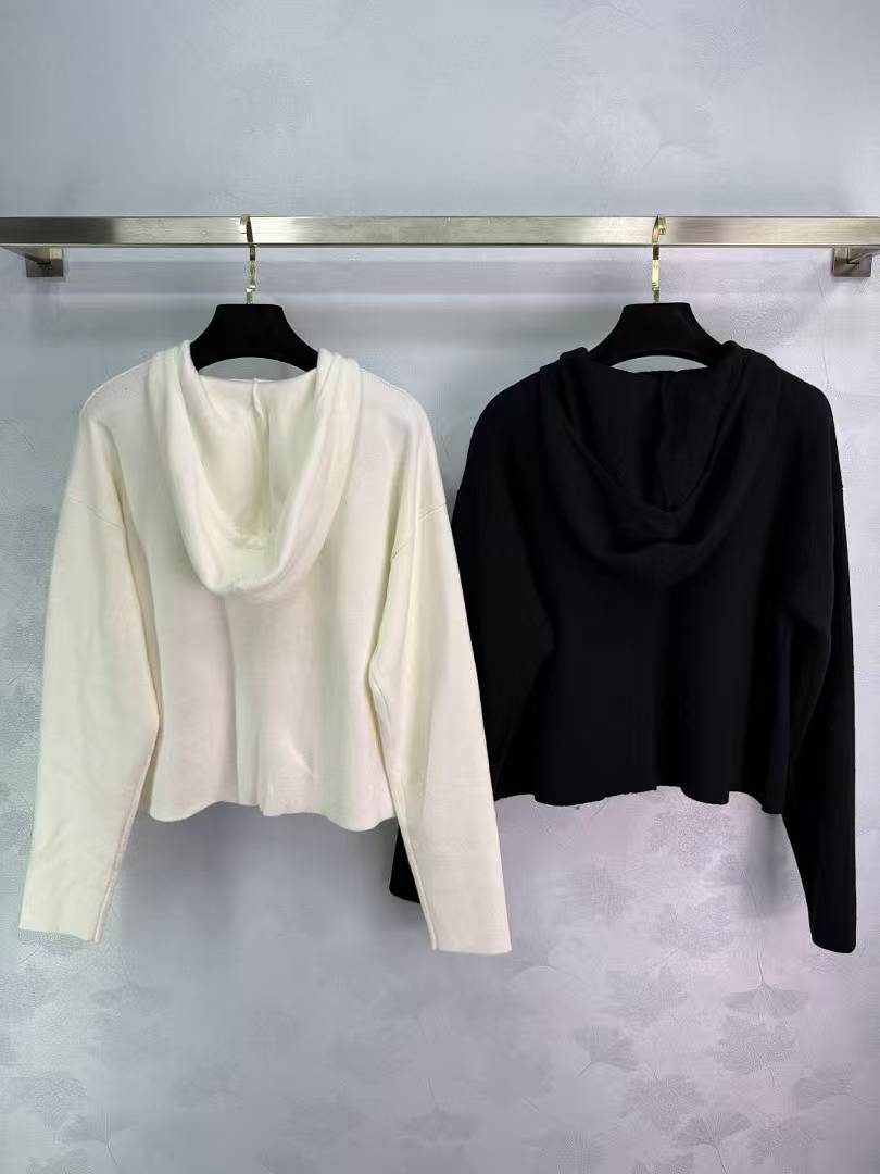 LEW 25SS Patch-Pocket Hooded Zipper-Front Knit Long-Sleeve Cardigan