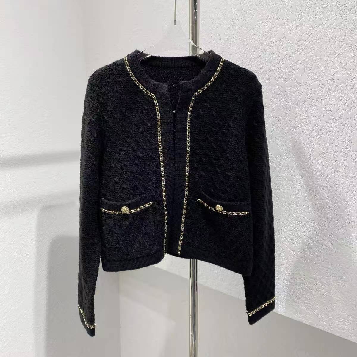 CC Black gold leather chain knitted cardigan