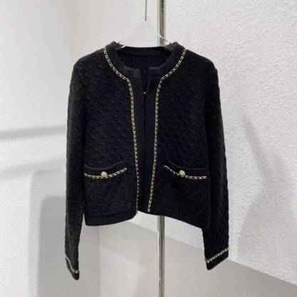 CC Black gold leather chain knitted cardigan