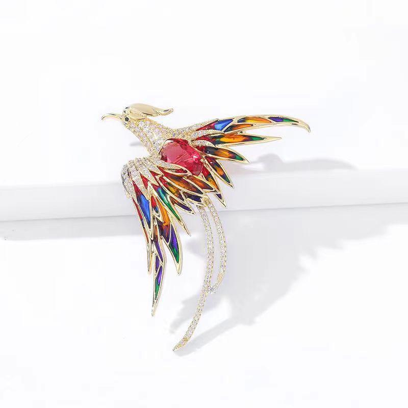 Chinese-style enamel colorful phoenix brooch for women, high-end elegant fashion brooch, cardigan vintage oil-drip pin