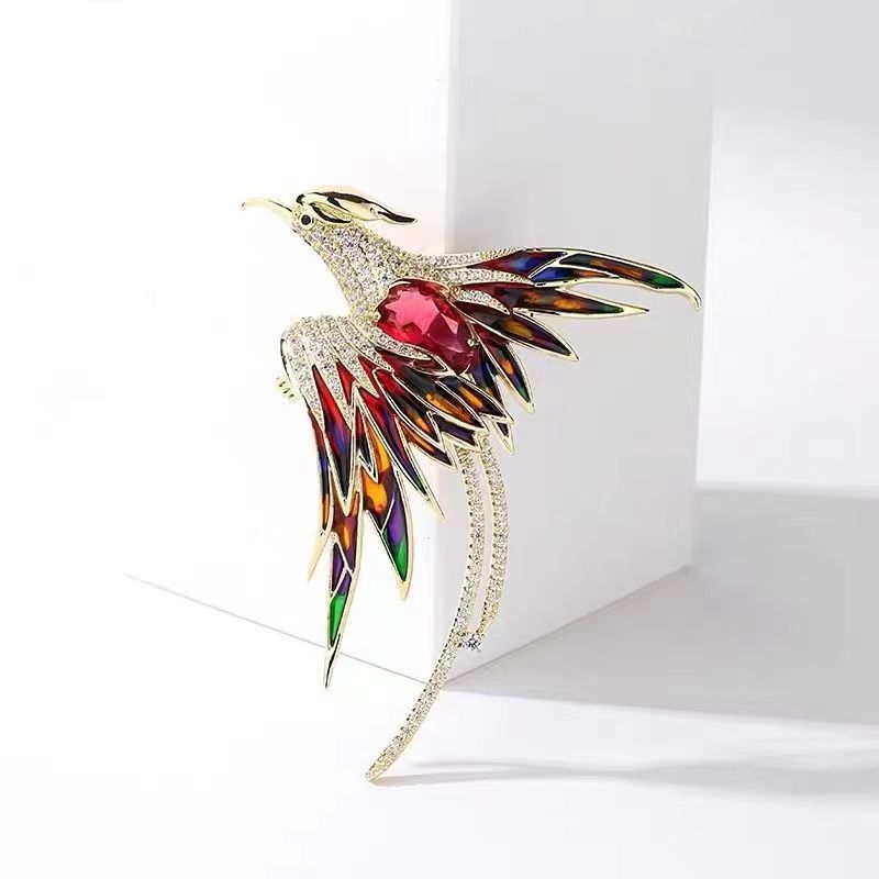 Chinese-style enamel colorful phoenix brooch for women, high-end elegant fashion brooch, cardigan vintage oil-drip pin