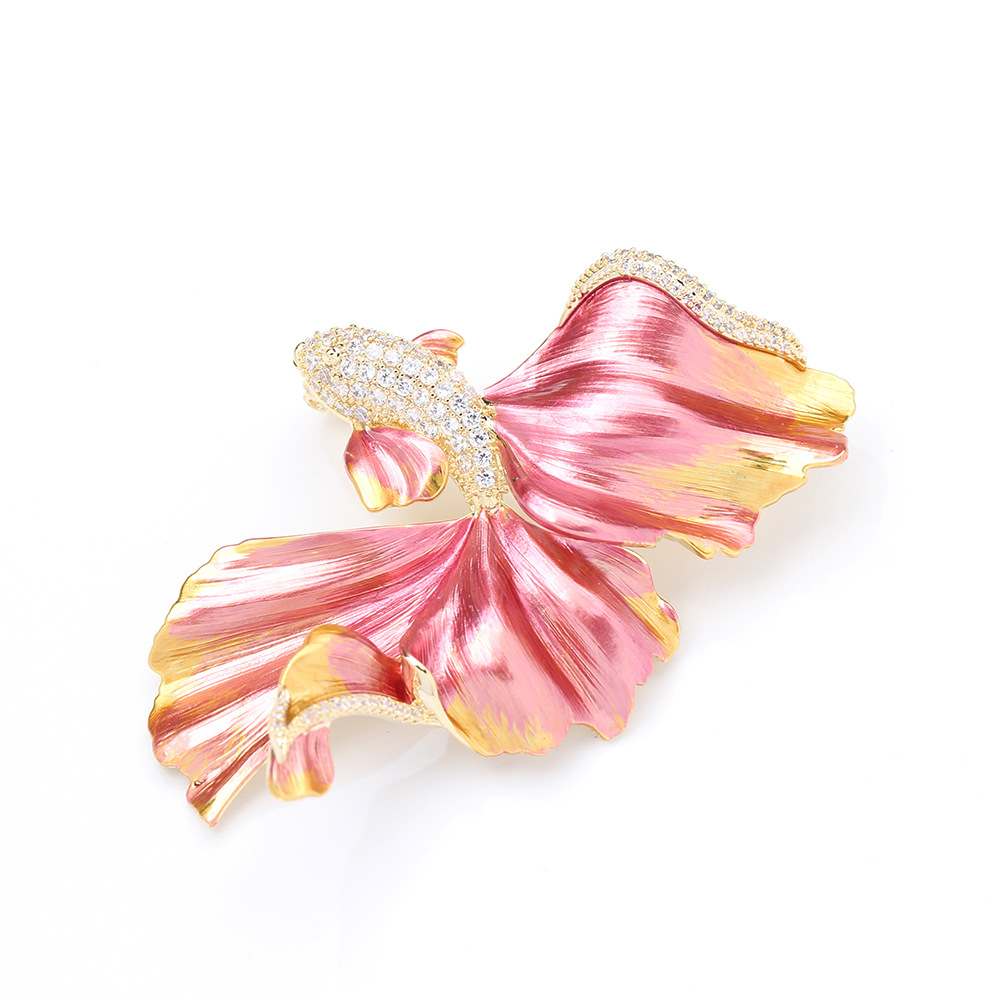 Light luxury high-end enamel blue and red flowing flying fish brooch, exquisite marine creature pin for men and women