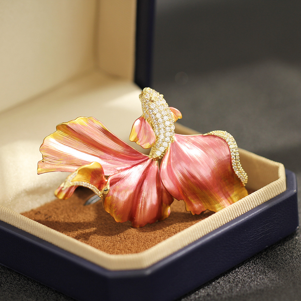 Light luxury high-end enamel blue and red flowing flying fish brooch, exquisite marine creature pin for men and women