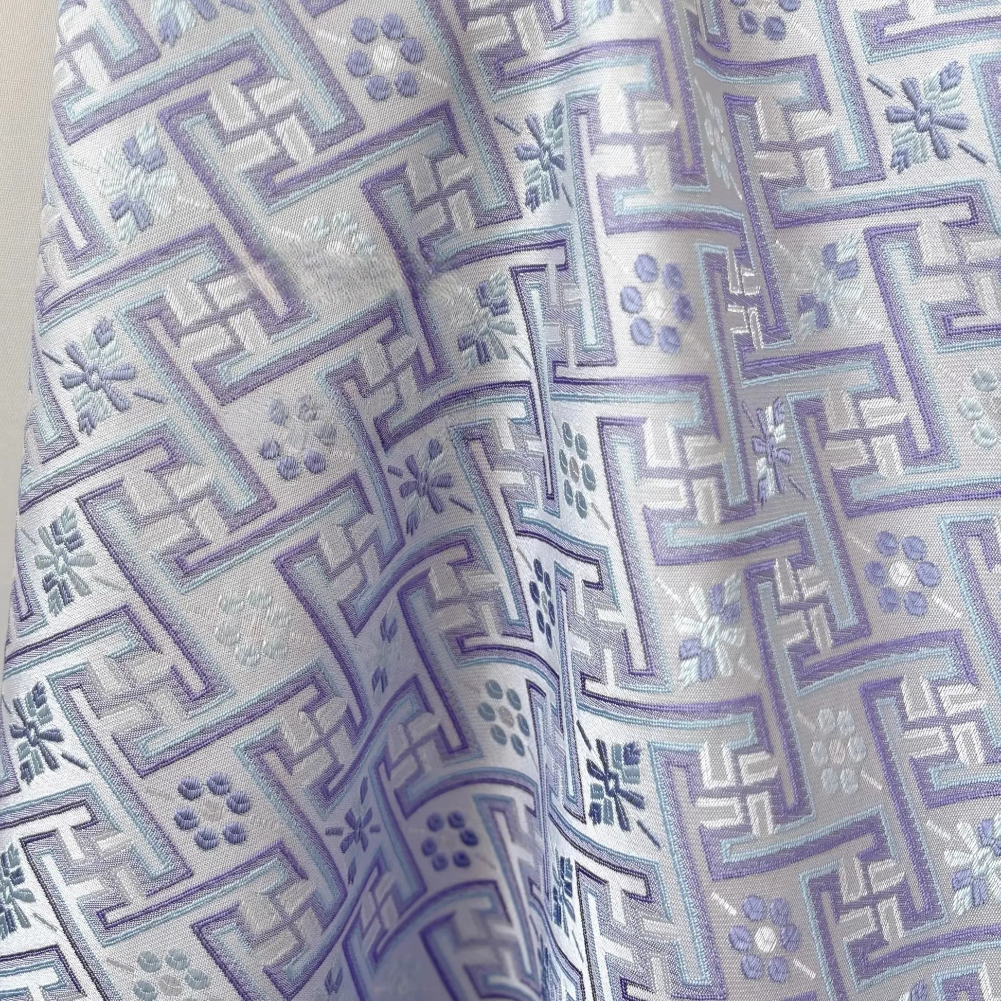 蓝紫色万吉纹壮锦新中式提花面料旗袍马甲外套布料-TERRAINKUN