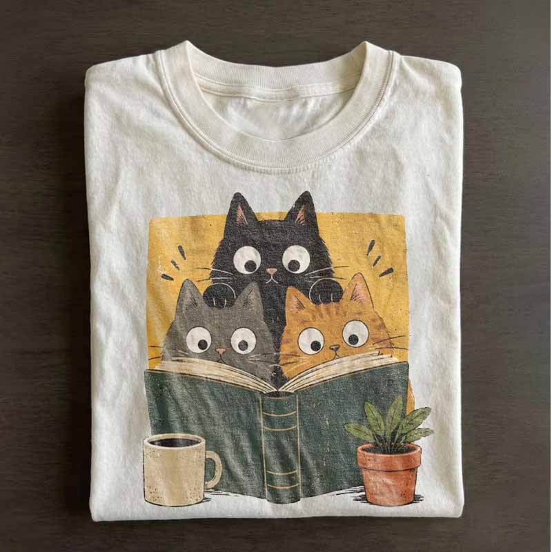 Retro Curious Reading Cats Graphic Shirt