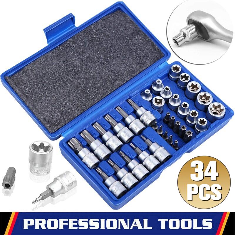Drive Torx Star Bit sockets CR-V E-Socket Set Handheld Tool - 34 Pcs, Star Socket Set For Hand Use Work On Cars, Trucks, Machinery, and Other Jobs With Storage Case, Blue