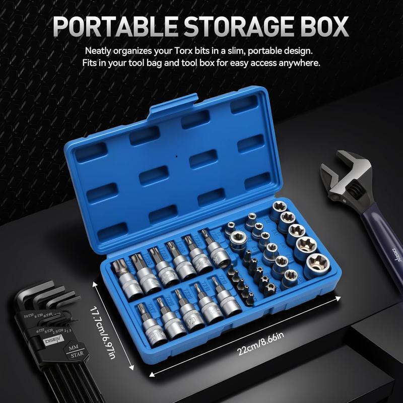 Drive Torx Star Bit sockets CR-V E-Socket Set Handheld Tool - 34 Pcs, Star Socket Set For Hand Use Work On Cars, Trucks, Machinery, and Other Jobs With Storage Case, Blue