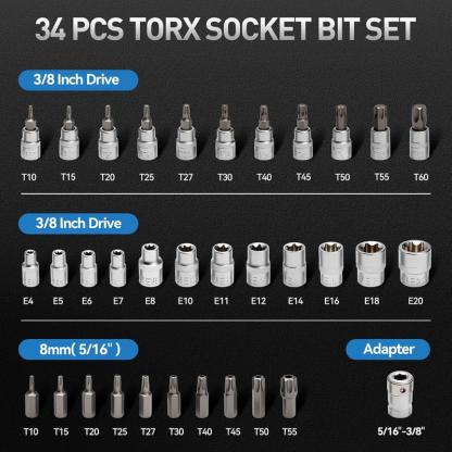Drive Torx Star Bit sockets CR-V E-Socket Set Handheld Tool - 34 Pcs, Star Socket Set For Hand Use Work On Cars, Trucks, Machinery, and Other Jobs With Storage Case, Blue