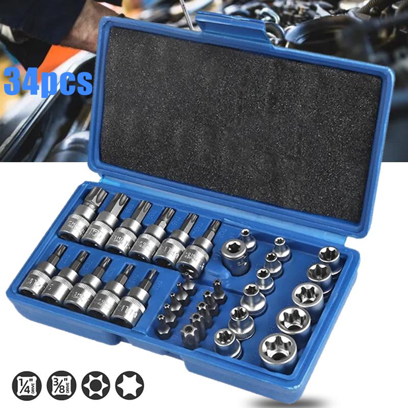 Drive Torx Star Bit sockets CR-V E-Socket Set Handheld Tool - 34 Pcs, Star Socket Set For Hand Use Work On Cars, Trucks, Machinery, and Other Jobs With Storage Case, Blue