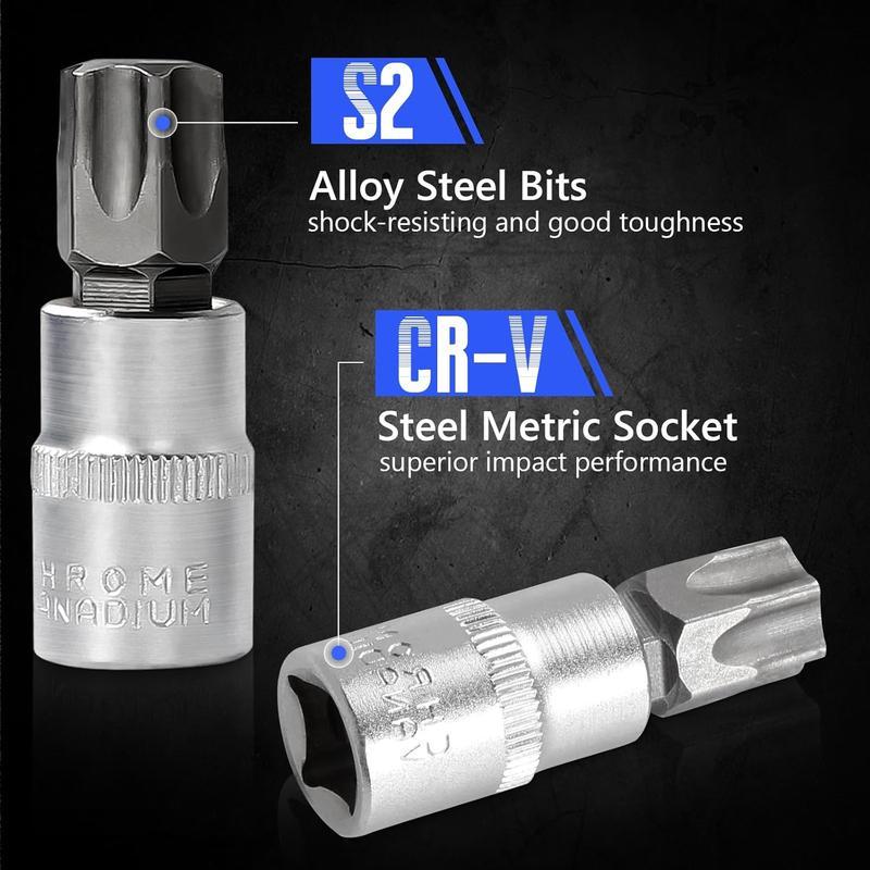 Drive Torx Star Bit sockets CR-V E-Socket Set Handheld Tool - 34 Pcs, Star Socket Set For Hand Use Work On Cars, Trucks, Machinery, and Other Jobs With Storage Case, Blue