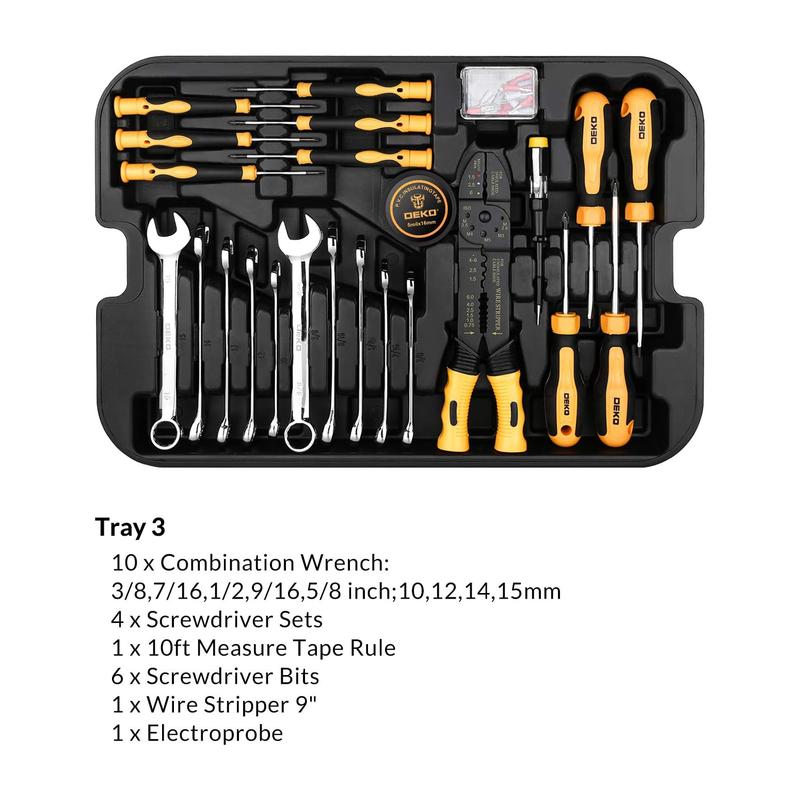 DEKO 258-Piece Tool Kit - Rolling Trolley Box, Portable Mechanic Set with Socket Wrenches & Hand Tools for Auto Repair, Truck Accessories 53  pcstoolset
