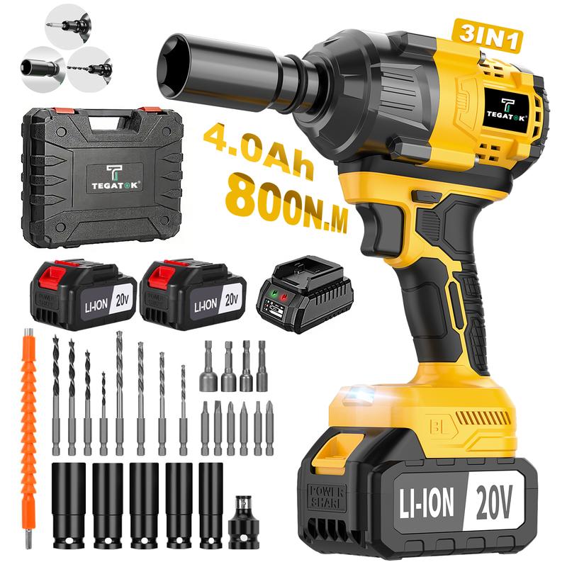 800 Nm (590 ft-lbs) High-Torque Cordless Impact Wrench and Drill Set (Yellow), 1/2-inch Cordless Impact Gun with 4.0Ah Battery, Fast Charger, 5 Sockets, Storage Case, and Variable Speed ​​Shifter. Suitable for Automotive, Home, and DIY Tools.