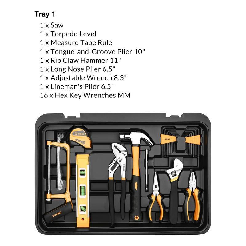 DEKO 258-Piece Tool Kit - Rolling Trolley Box, Portable Mechanic Set with Socket Wrenches & Hand Tools for Auto Repair, Truck Accessories 53  pcstoolset