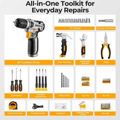 DEKOPRO 126-Piece 8V Cordless Drill Driver and  Tool Set, All-in-One Portable Repair Tool Kit, Professional Household Basic Hand Repair Tool Set
