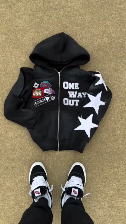 Streetwear Patched Zip-Up Hoodie