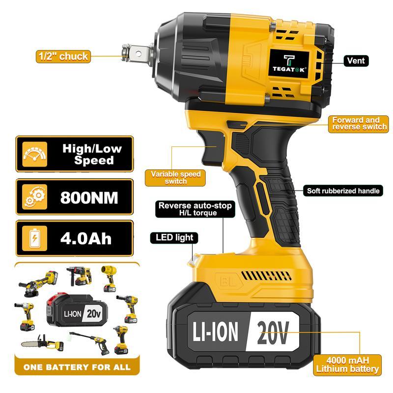 800 Nm (590 ft-lbs) High-Torque Cordless Impact Wrench and Drill Set (Yellow), 1/2-inch Cordless Impact Gun with 4.0Ah Battery, Fast Charger, 5 Sockets, Storage Case, and Variable Speed ​​Shifter. Suitable for Automotive, Home, and DIY Tools.