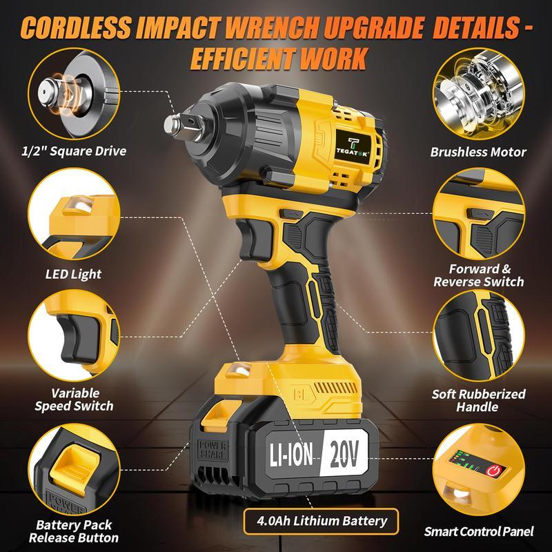 800 Nm (590 ft-lbs) High-Torque Cordless Impact Wrench and Drill Set (Yellow), 1/2-inch Cordless Impact Gun with 4.0Ah Battery, Fast Charger, 5 Sockets, Storage Case, and Variable Speed ​​Shifter. Suitable for Automotive, Home, and DIY Tools.