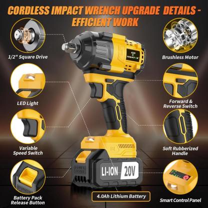 800 Nm (590 ft-lbs) High-Torque Cordless Impact Wrench and Drill Set (Yellow), 1/2-inch Cordless Impact Gun with 4.0Ah Battery, Fast Charger, 5 Sockets, Storage Case, and Variable Speed ​​Shifter. Suitable for Automotive, Home, and DIY Tools.